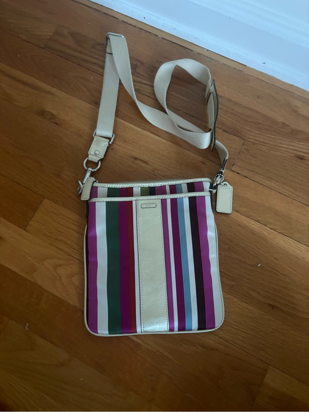 Coach Ivory Crossbody With Multicolor Vertical Stripes